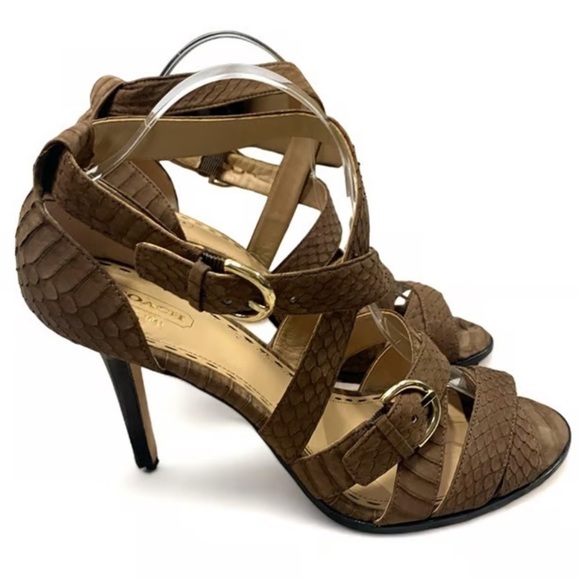 Coach Fawn Light Brown Snakeskin Embossed Leather Strappy Heels Open Toe Size 11 - Picture 9 of 10